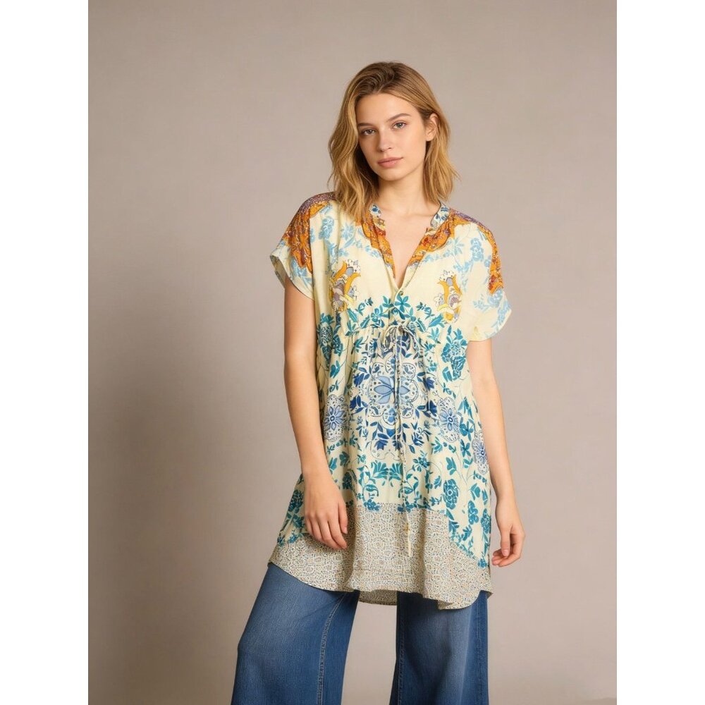 NWOT Johnny Was Floral Cupra Rayon V-neck Tunic Dress Short Sleeve Size S